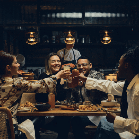 People raising glasses and smiling at Daffodil Mulligan restaurant in Shoreditch, London
